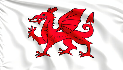 Wales flag wave close up. Full page Wales flying flag. Highly detailed realistic 3D rendering, vector style, with white tones