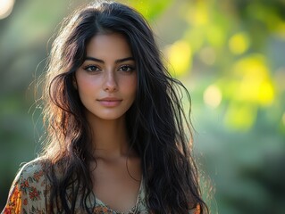 Naklejka premium Beautiful woman captured in creative angle amidst natural greenery