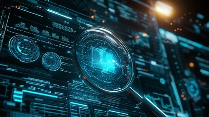 Fototapeta premium Futuristic Financial Review with Magnifying Glass Zooming into Charts and Analytics on Glowing Tech Interface
