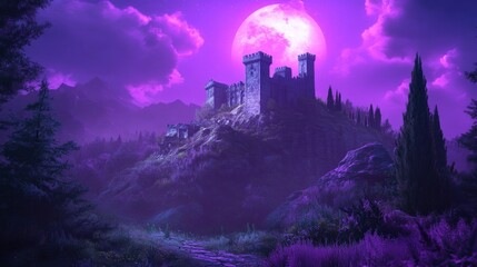 Fototapeta premium Majestic castle on a hilltop under a vibrant purple moonlit night sky.