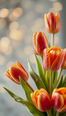 Beautiful tulip bouquet and bokeh background, Thanksgiving Mother's Day concept illustration, professional photography, with white tones