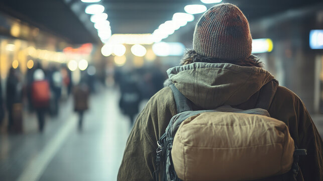 homeless individual standing near crowded subway station, reflecting on life