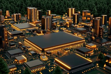 Illuminated digital circuit cityscape at night futuristic technology urban environment aerial view conceptual design
