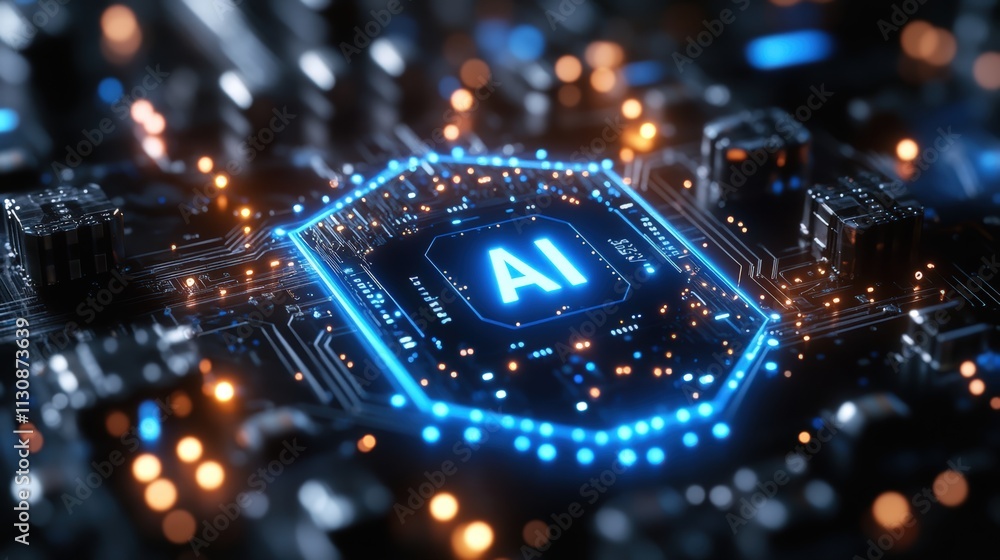 Poster cybersecurity concept with artificial intelligence processor inside shield icon made of electronic c