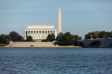 Lincoln Memorial and Washington Monument in Washington, DC, USA, on a sunny Summer Day with blue...