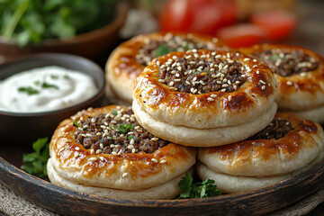 Fototapeta premium A tray of Lebanese sfeeha (meat pies) garnished with sesame seeds, served on a rustic platter with yogurt dip