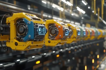 Colorful Cartoon Robots in a High-Tech Factory Setting