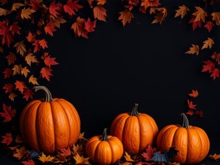 Naklejka premium Halloween background featuring pumpkins, bats, and leaves with copy space in the middle, mystical, pumpkins, Halloween
