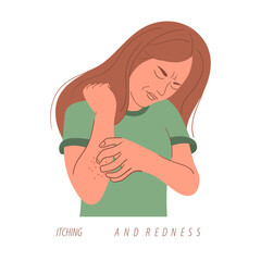 Woman scratching skin on her arm. Various skin problems. Hand drawn vector illustration.