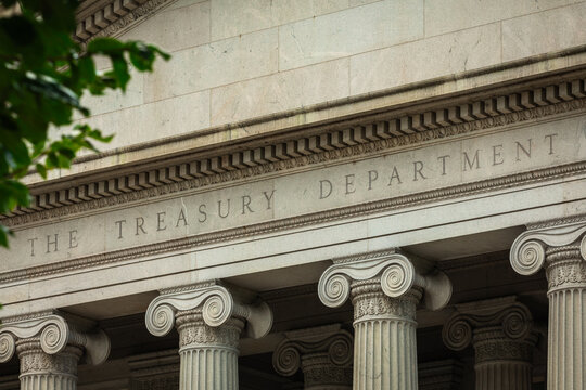 Facade of the US Treasury Department in Washington, DC, Close-up with Copy Space