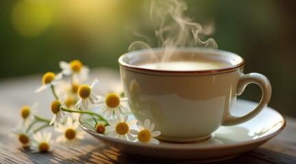 Fototapeta premium Steaming chamomile tea in a rustic cup with a fresh chamomile flower, evoking warmth and relaxation