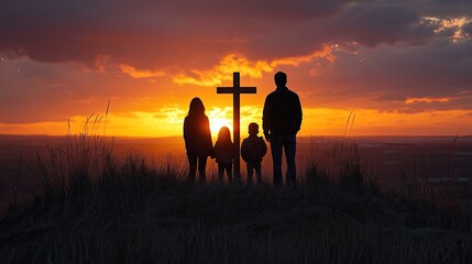A family silhouette gathers around a Christian cross, symbolizing prayer, faith, and perhaps mourning or remembrance