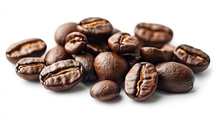 Fototapeta premium A close-up view of dark roasted coffee beans, showcasing their rich texture and color, Ideal for use in food blogs, coffee shop advertisements, or packaging design for coffee products,