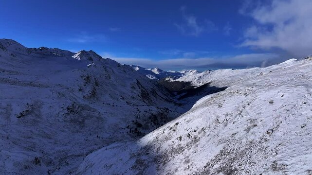 Aerial view of the Winter scenery in the European Alps, Grisons, Switzerland