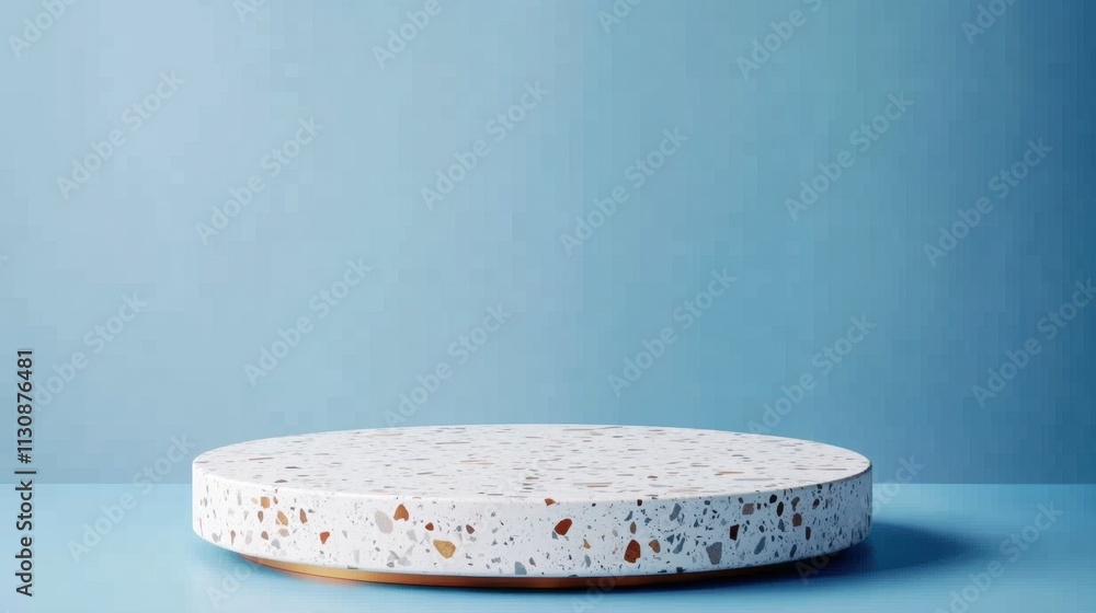 Poster minimalist round display stand on blue background for product showcase