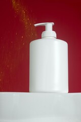 Festive beauty product featuring a minimalist white pump bottle against a vibrant red background. Perfect for holiday skincare, Christmas advertising, or luxury beauty. Winter-themed promotion. Gift.