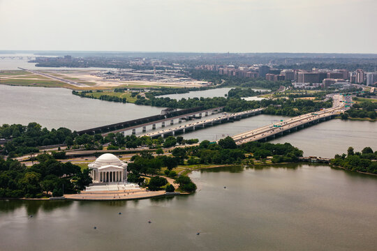 Aerial View of the Thomas Jefferson Memorial in Washington, DC, USA, with DCA Airport in Background