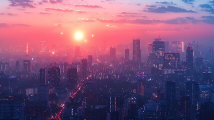 Obraz premium Aerial view of a hazy metropolitan area bathed in the intense glow of a reddish sunrise.
