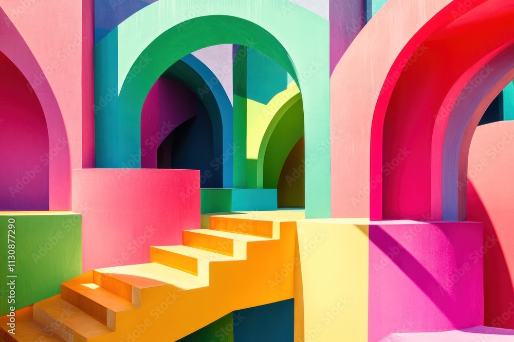Poster abstract colorful architecture with stairs and arches.
