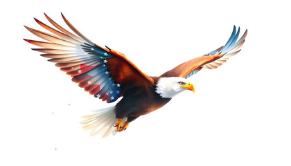 Obraz premium American focus eagle in flight with American flag watercolor, color sketch, with white tones