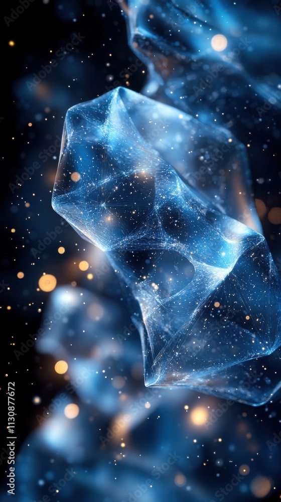 Poster a mesmerizing abstract representation of blue crystalline structures with glowing particles.