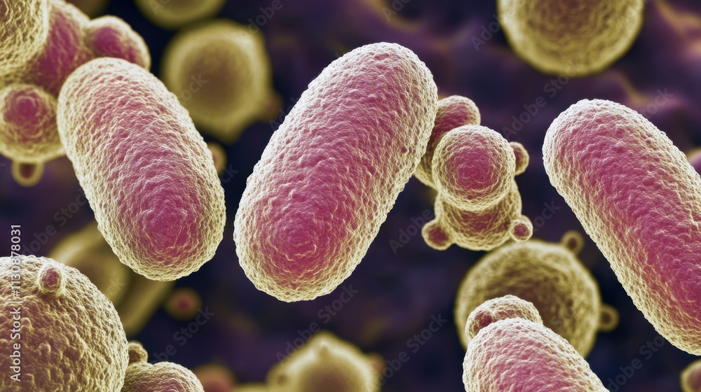 Poster microscopic view of colorful bacterial cells under a microscope lens