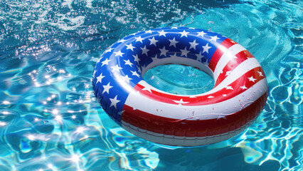 Inflatable ring with American flag pattern floating in a pool