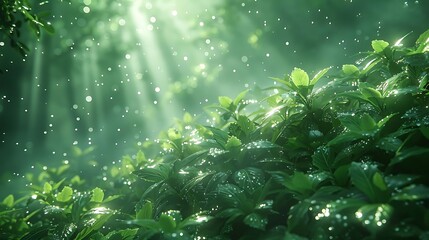 Fototapeta premium Lush green forest undergrowth is illuminated by strong sun rays breaking through the dense canopy.