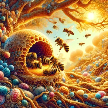 a group of honey bees make honey in their nest under tree branches, the weather is bright and colorful