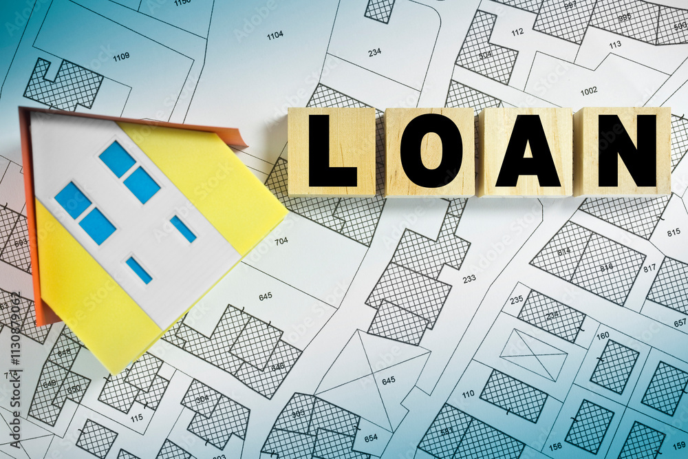 Poster loan concept with wooden text block and home model over an imaginary cadastral map - saving and mana