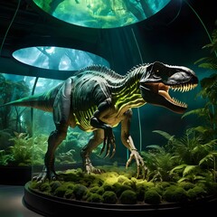 Fototapeta premium A Gigantic Dinosaur in a Lush, Underwater-Themed Habitat: Jurassic Park Inspired Exhibit
