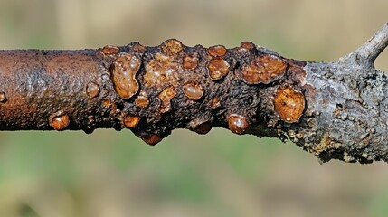 Fototapeta premium Branch lesions, amber resin, decaying wood.