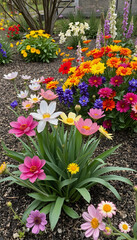 Obraz premium beautiful spring colored flowers in the garden, grunge, with white tones