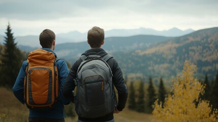 Close-Up Shot of Two Hikers Overlooking a Breathtaking Mountain Landscape Surrounded by Lush Trees and Autumnal Colors During a Cloudy Day Adventure