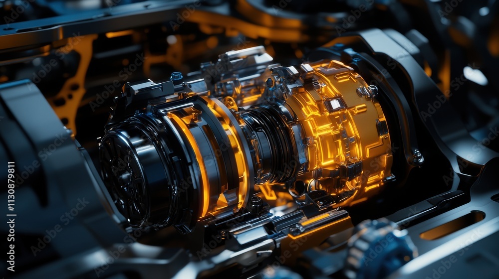 Poster intricate close-up of a futuristic engine component with glowing elements showcasing advanced techno