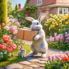 easter bunny with its baby in the garden carries a gift/ package