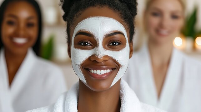 Smiling Black woman with a facial mask in a spa setting, surrounded by friends, sharing a relaxing moment.