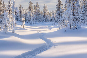 A tranquil winter scene captures a snow-covered trail winding through a serene forest. Tall trees adorned with fresh snow create a peaceful atmosphere, ideal for holiday postcards. Generative AI