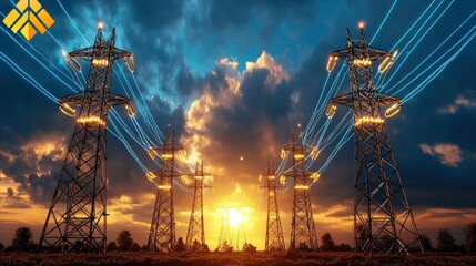 Futuristic power grid system illuminating connections urban landscape digital art sunset environment aerial view energy innovation