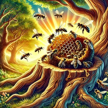 a group of honey bees make honey in their nest under tree branches, the weather is bright and colorful