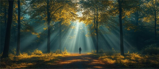 Obraz premium Solitary figure walking on path in sunlit autumn forest.