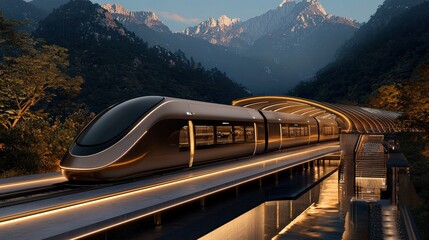 Futuristic hyperloop station design featuring sleek magnetic trains in majestic mountain landscape at sunset