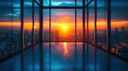 Fototapeta premium A glass office building with city flare at sunrise showcases business and corporate work with architecture, interior light, and an empty room view through a window