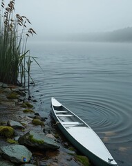 Obraz premium Misty Lake Shore with Raindrops and Calm Waters in Foggy Atmosphere