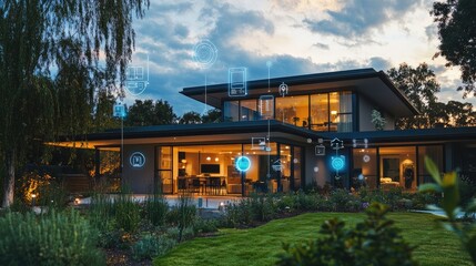 Obraz premium Smart Home Technology Networked with Modern House at Dusk