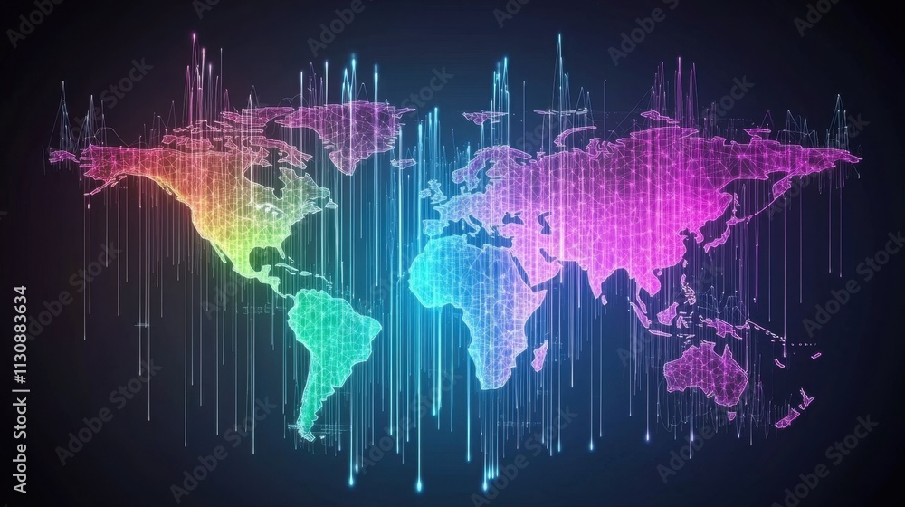 Poster futuristic abstract design featuring a digital world map with bright connection lines and a high-tec