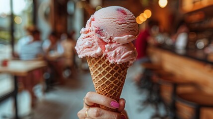 Woman's hand holding a double scoop of pink ice cream in a waffle cone at a cafe.