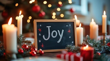 A chalkboard on a festive table setup with candles and garlands, featuring the word "Joy" . The ambiance is warm and cheerful