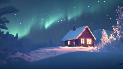Naklejka premium A Scandinavian-style cabin glowing warmly, set against a snowy field with the northern lights illuminating the sky