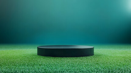 A 3D podium rests on a vibrant green field under a mysterious blue-green ambiance, ready to spotlight achievements in sports.